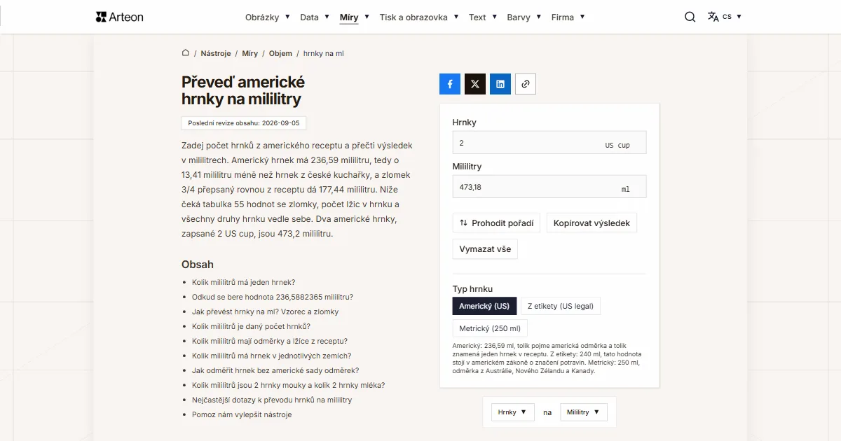 Snímek obrazovky bezplatného nástroje Arteon: Převeď americké hrnky na mililitry