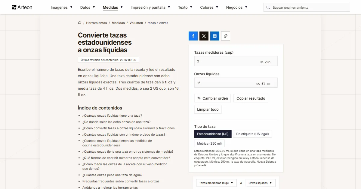 Captura de pantalla de la herramienta gratuita de Arteon: Convierte tazas estadounidenses a onzas líquidas
