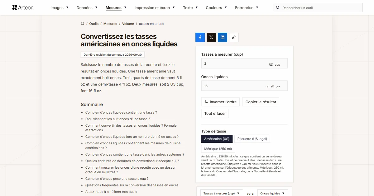 Capture d'écran de l'outil gratuit d'Arteon: Convertissez les tasses américaines en onces liquides