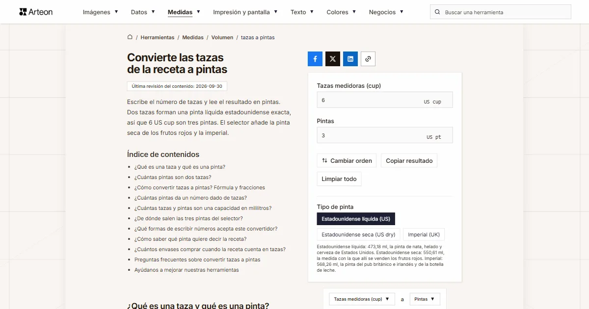 Captura de pantalla de la herramienta gratuita de Arteon: Convierte las tazas de la receta a pintas