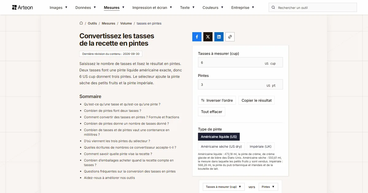 Capture d'écran de l'outil gratuit d'Arteon: Convertissez les tasses de la recette en pintes