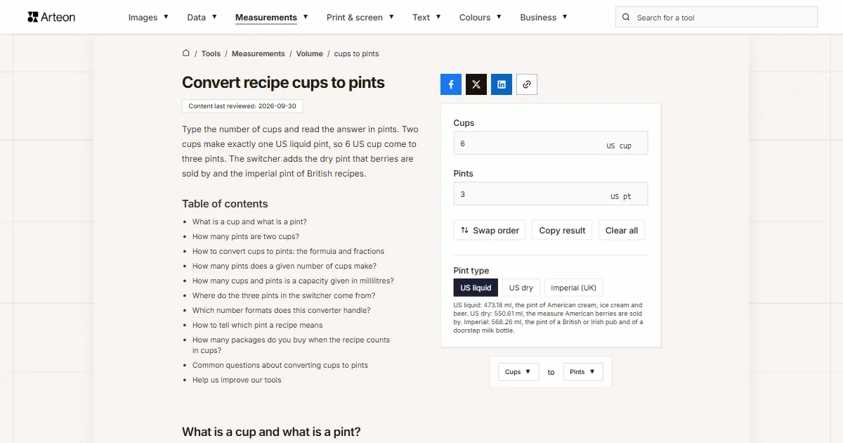Arteon free tool screenshot: Convert recipe cups to pints