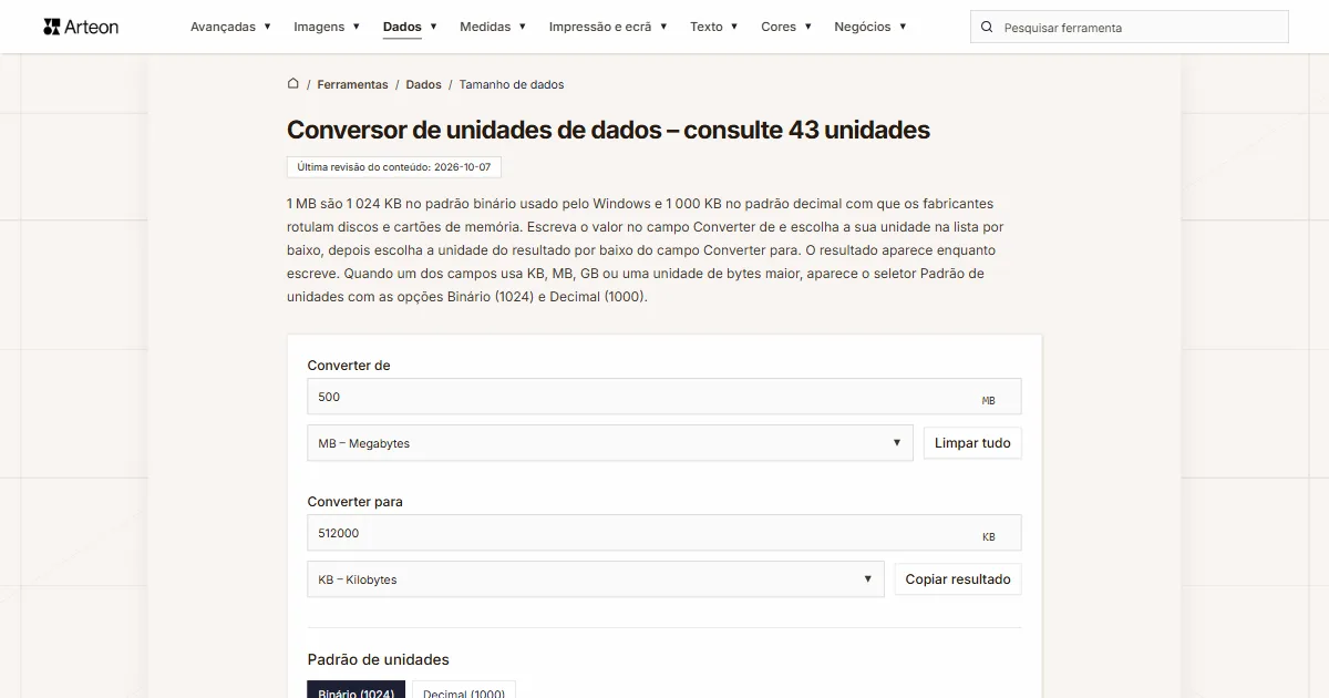 Captura de ecrã da ferramenta gratuita da Arteon: Conversor de unidades de dados – consulte 43 unidades