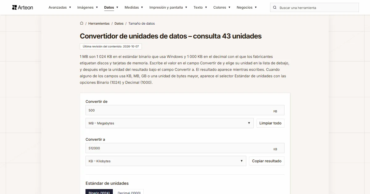 Captura de pantalla de la herramienta gratuita de Arteon: Convertidor de unidades de datos – consulta 43 unidades