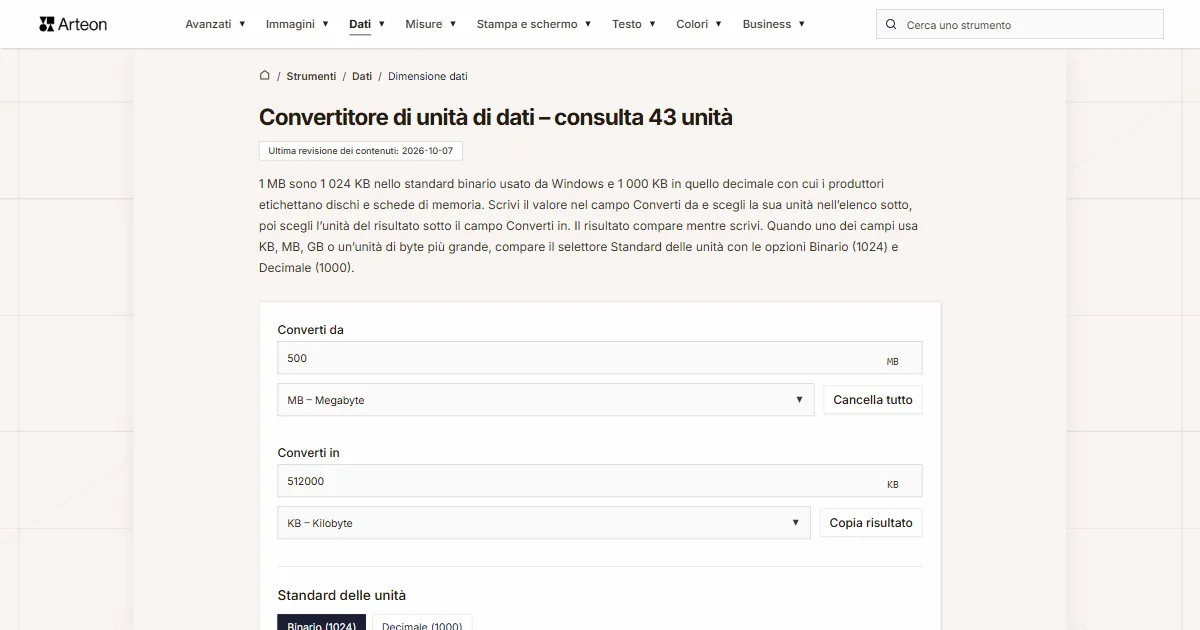 Screenshot dello strumento gratuito Arteon: Converti le unità di dati – B, KB, MB, GB, TB e PB