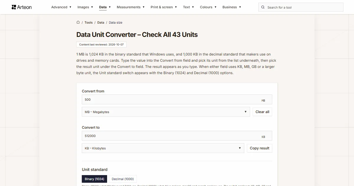 Arteon free tool screenshot: Data Unit Converter – Check All 43 Units