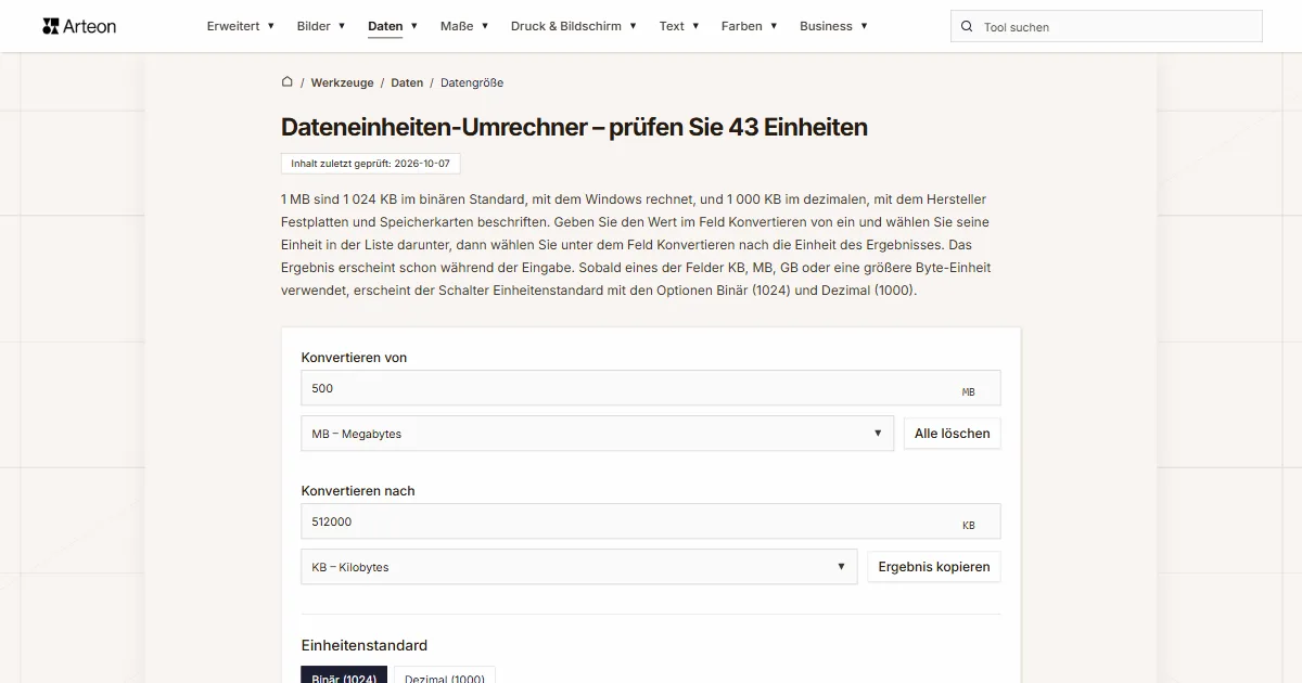 Screenshot des kostenlosen Arteon-Werkzeugs: Dateneinheiten-Umrechner – prüfen Sie 43 Einheiten