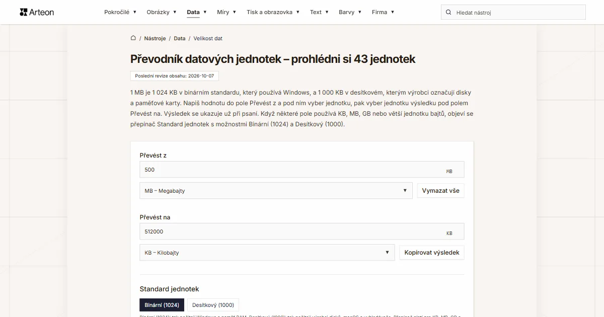 Snímek obrazovky bezplatného nástroje Arteon: Převodník datových jednotek – prohlédni si 43 jednotek