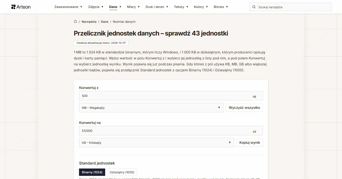 Zrzut ekranu darmowego narzędzia Arteon: Przelicz jednostki danych – B, KB, MB, GB, TB i PB