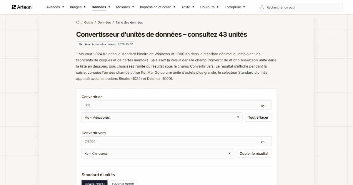 Capture d'écran de l'outil gratuit d'Arteon: Convertisseur d’unités de données – consultez 43 unités