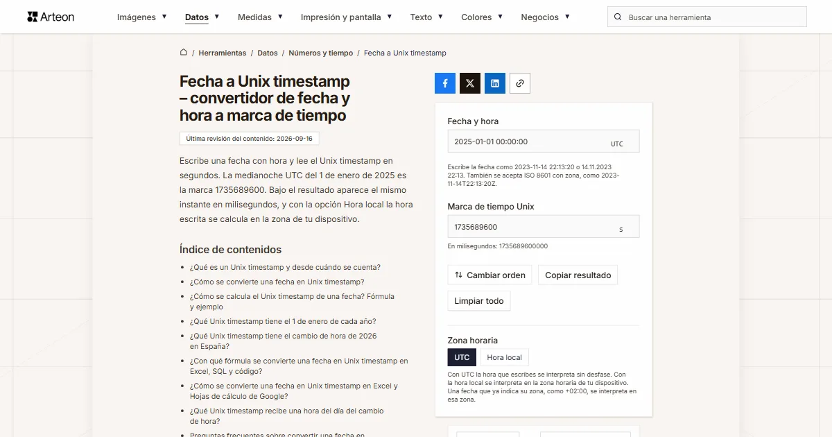 Captura de pantalla de la herramienta gratuita de Arteon: Fecha a Unix timestamp – convertidor de fecha y hora a marca de tiempo