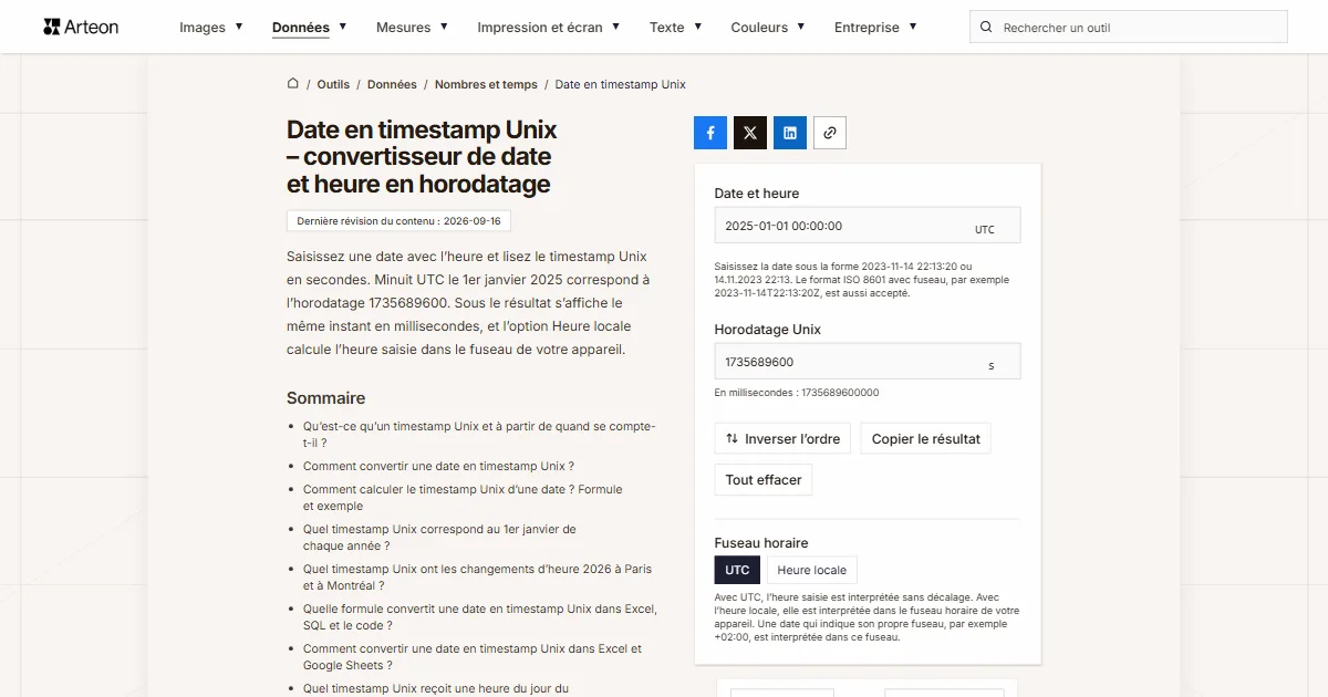 Capture d'écran de l'outil gratuit d'Arteon: Date en timestamp Unix – convertisseur de date et heure en horodatage