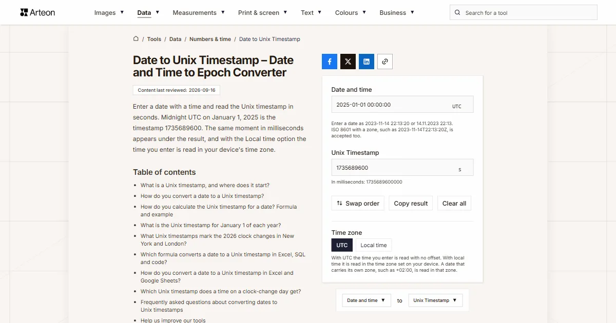 Arteon free tool screenshot: Date to Unix Timestamp – Date and Time to Epoch Converter