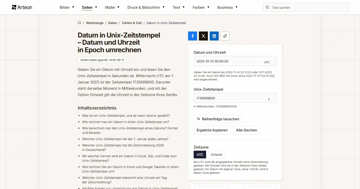Screenshot des kostenlosen Arteon-Werkzeugs: Datum in Unix-Zeitstempel – Datum und Uhrzeit in Epoch umrechnen
