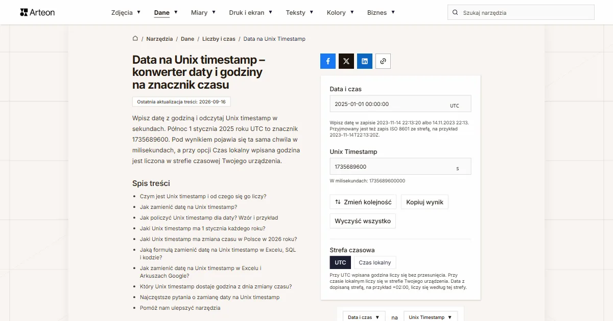 Zrzut ekranu darmowego narzędzia Arteon: Data na Unix timestamp – konwerter daty i godziny na znacznik czasu