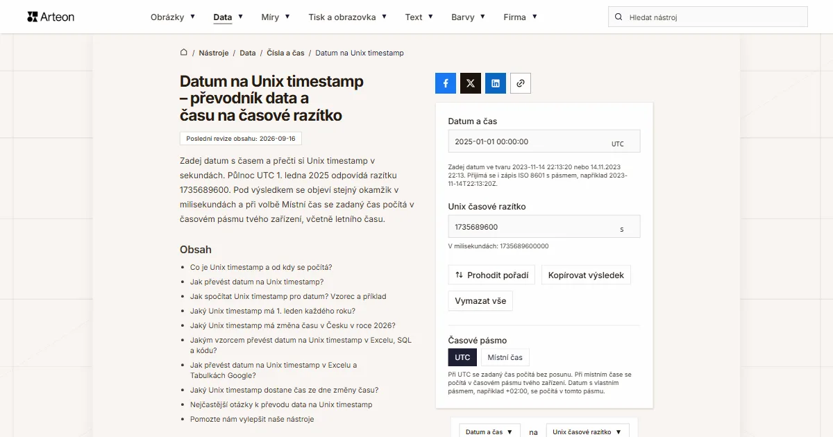 Snímek obrazovky bezplatného nástroje Arteon: Datum na Unix timestamp – převodník data a času na časové razítko