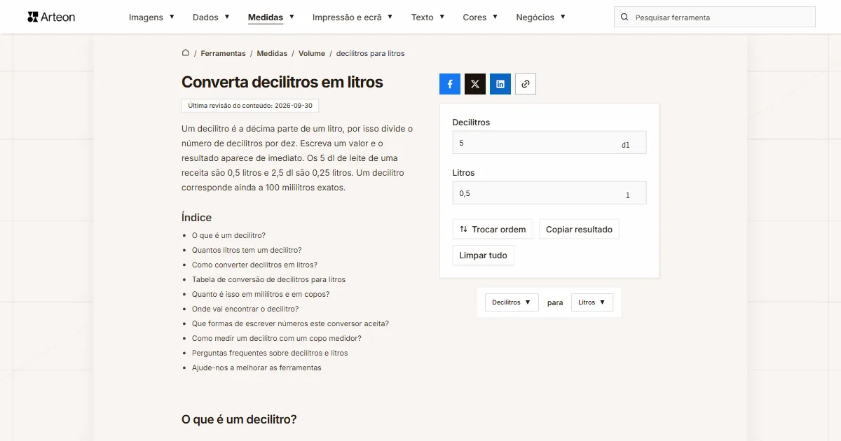 Captura de ecrã da ferramenta gratuita da Arteon: Converta decilitros em litros