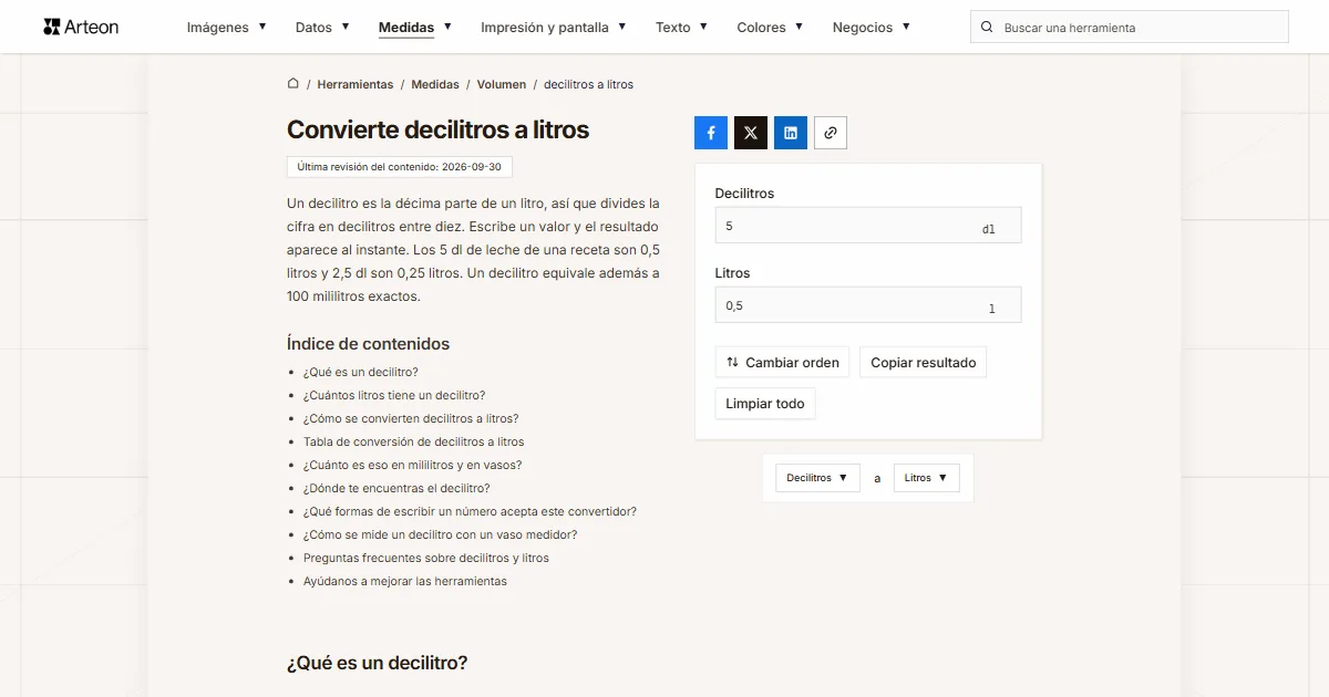 Captura de pantalla de la herramienta gratuita de Arteon: Convierte decilitros a litros