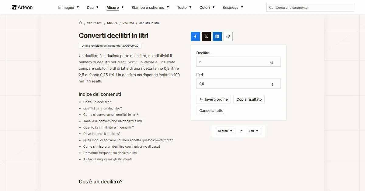 Screenshot dello strumento gratuito Arteon: Converti decilitri in litri