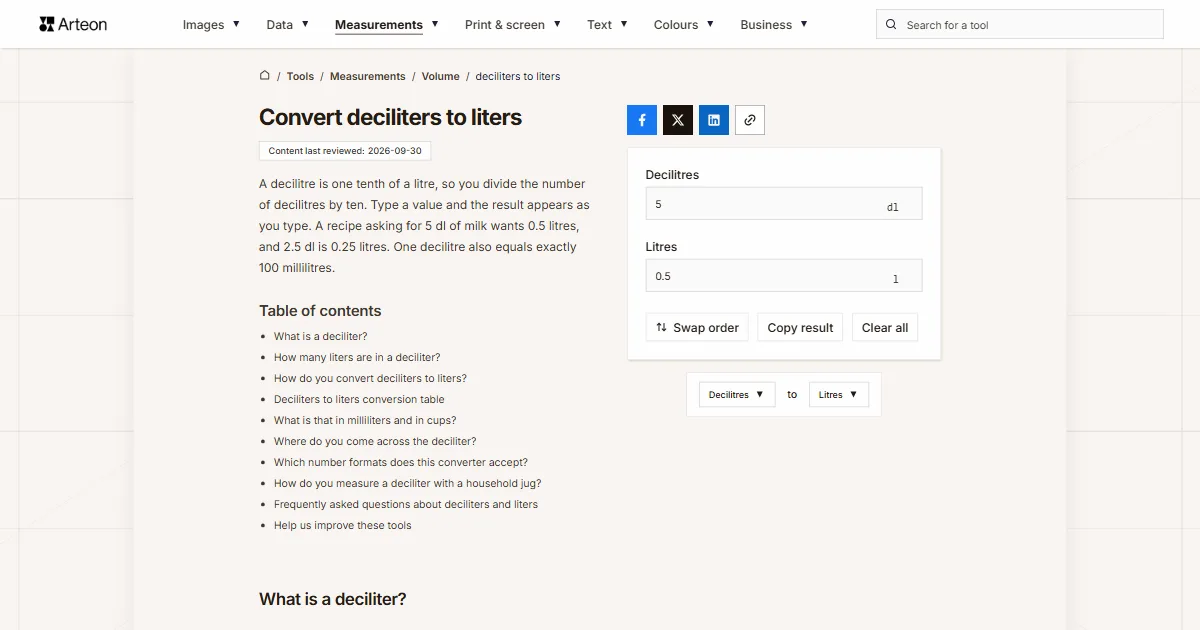 Arteon free tool screenshot: Convert deciliters to liters