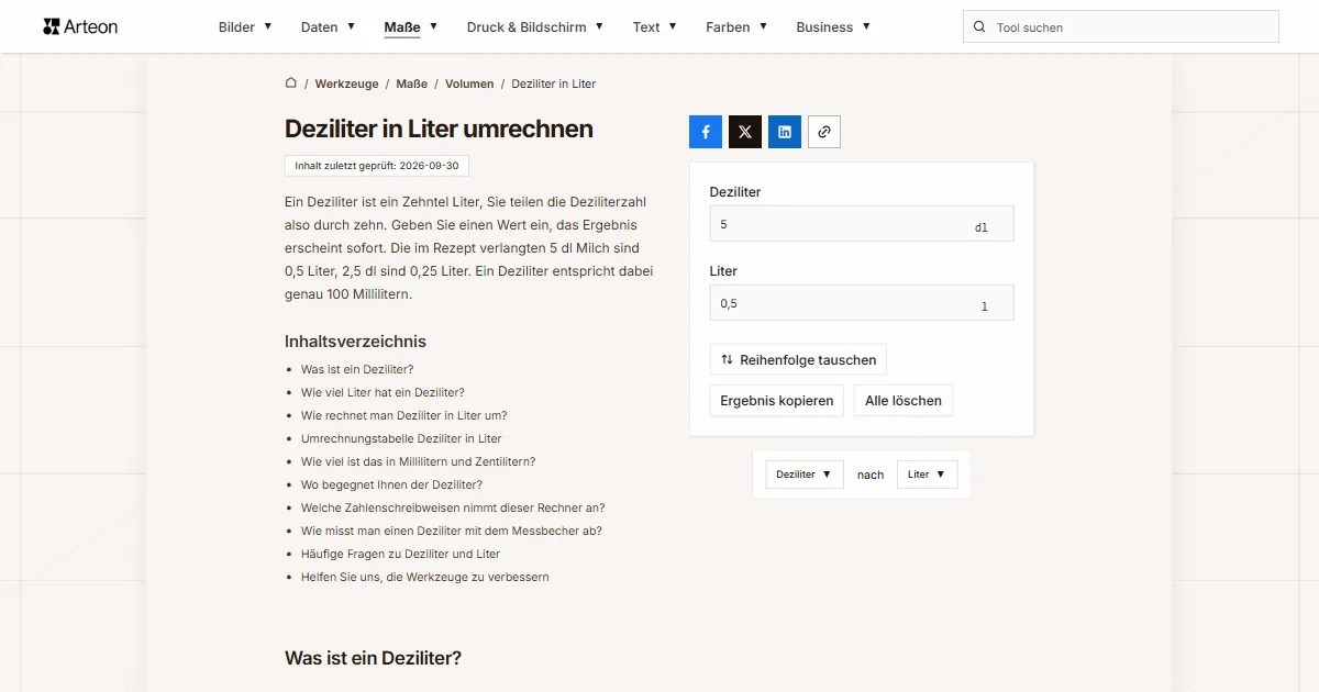 Screenshot des kostenlosen Arteon-Werkzeugs: Deziliter in Liter umrechnen