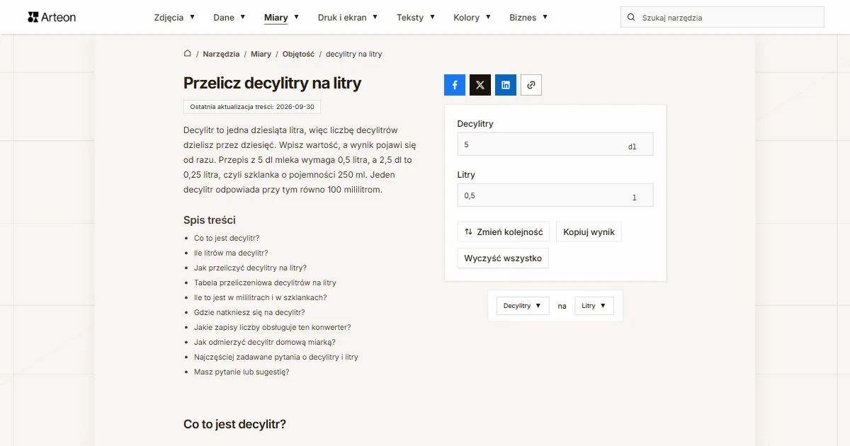 Zrzut ekranu darmowego narzędzia Arteon: Przelicz decylitry na litry