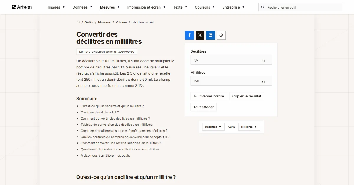 Capture d'écran de l'outil gratuit d'Arteon: Convertir des décilitres en millilitres