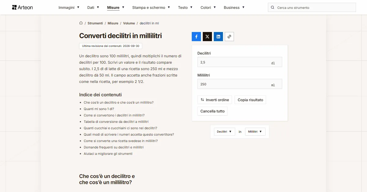 Screenshot dello strumento gratuito Arteon: Converti decilitri in millilitri