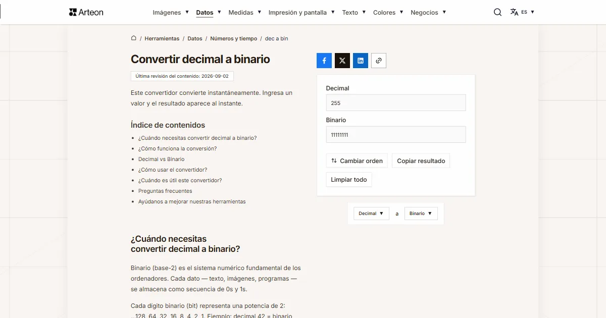 Captura de pantalla de la herramienta gratuita de Arteon: DEC a BIN