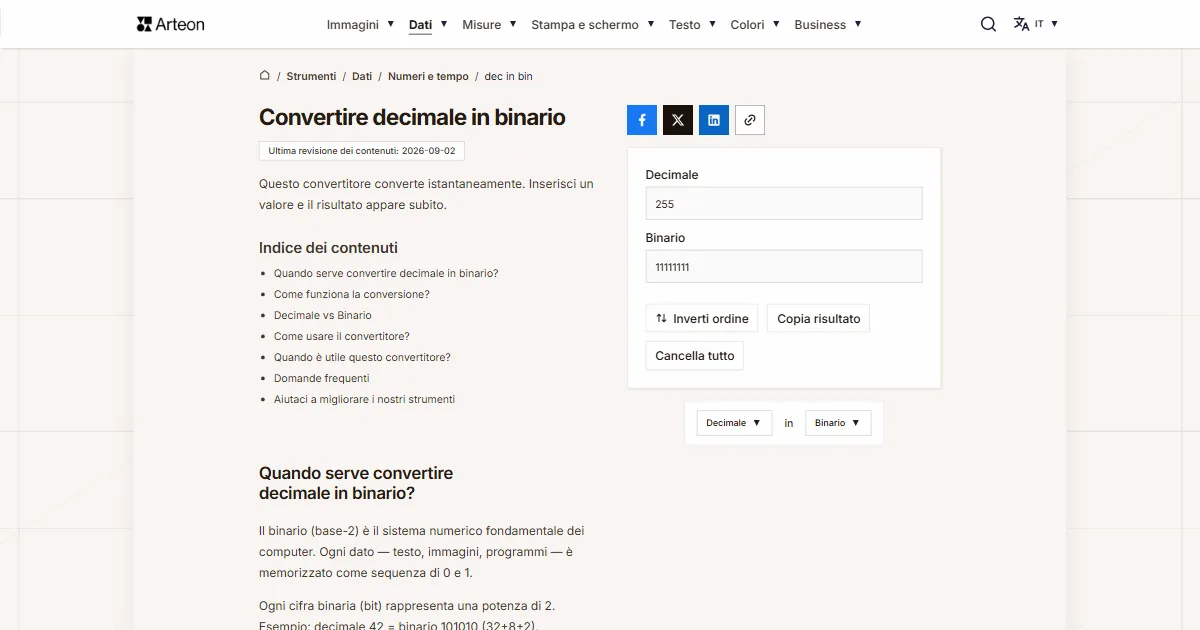 Screenshot dello strumento gratuito Arteon: DEC in BIN