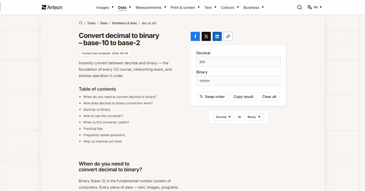 Arteon free tool screenshot: Convert decimal to binary – base-10 to base-2