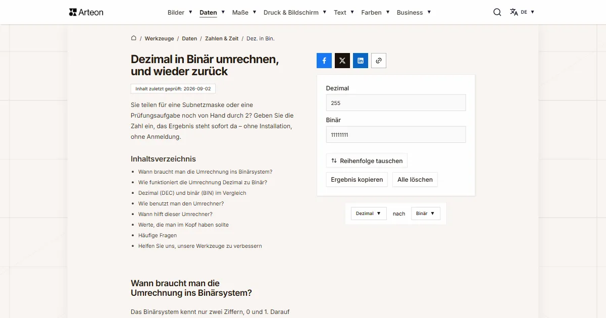 Screenshot des kostenlosen Arteon-Werkzeugs: DEC in BIN