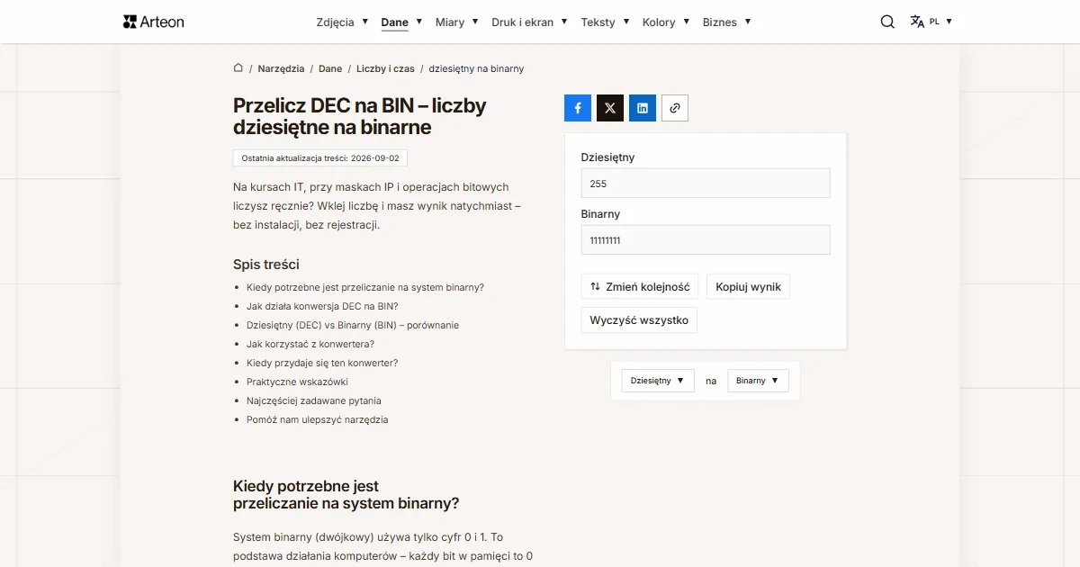 Zrzut ekranu darmowego narzędzia Arteon: DEC na BIN