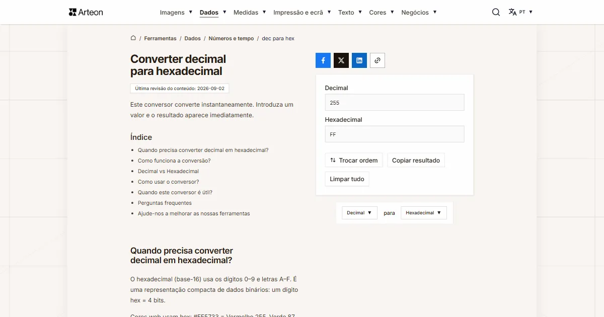 Captura de ecrã da ferramenta gratuita da Arteon: DEC para HEX