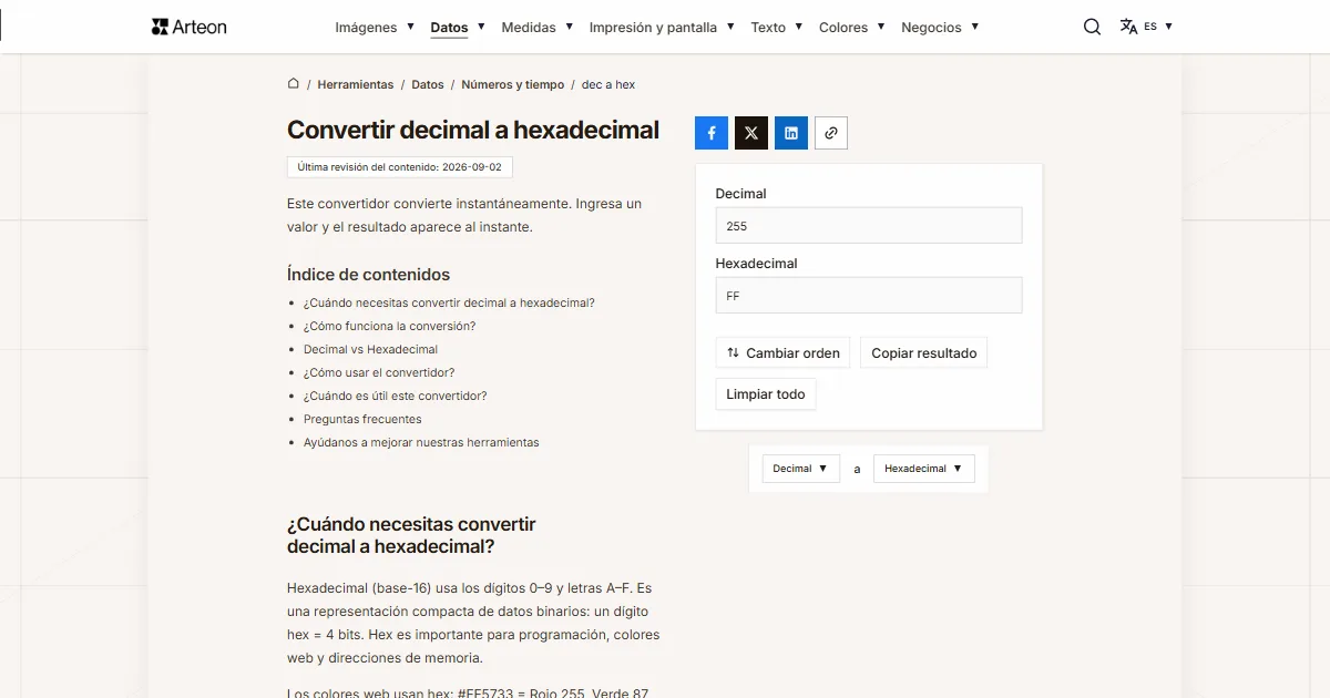 Captura de pantalla de la herramienta gratuita de Arteon: DEC a HEX