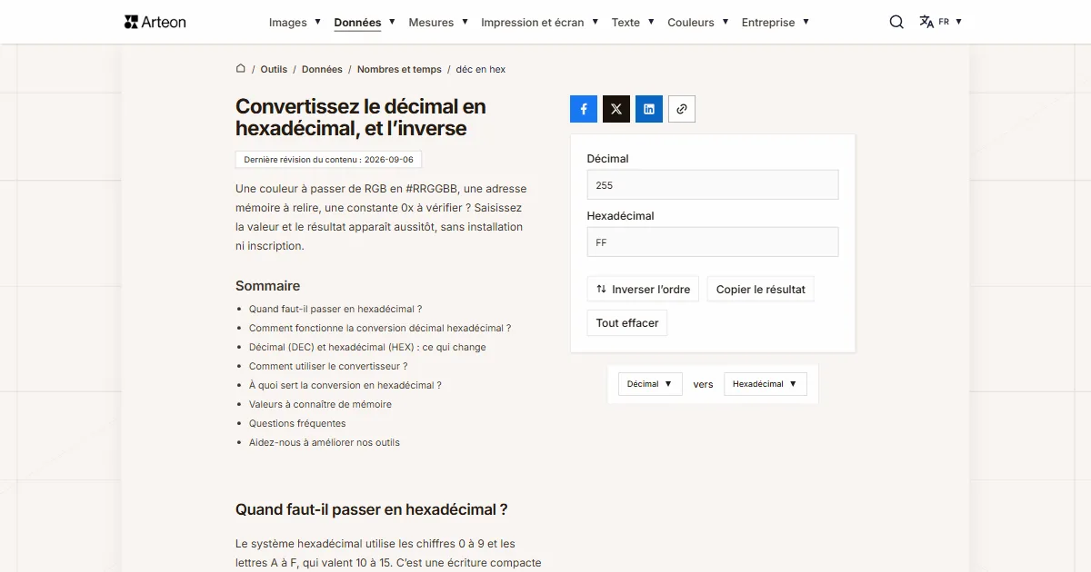 Capture d'écran de l'outil gratuit d'Arteon: DÉC en HEX