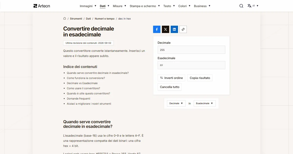 Screenshot dello strumento gratuito Arteon: DEC in HEX