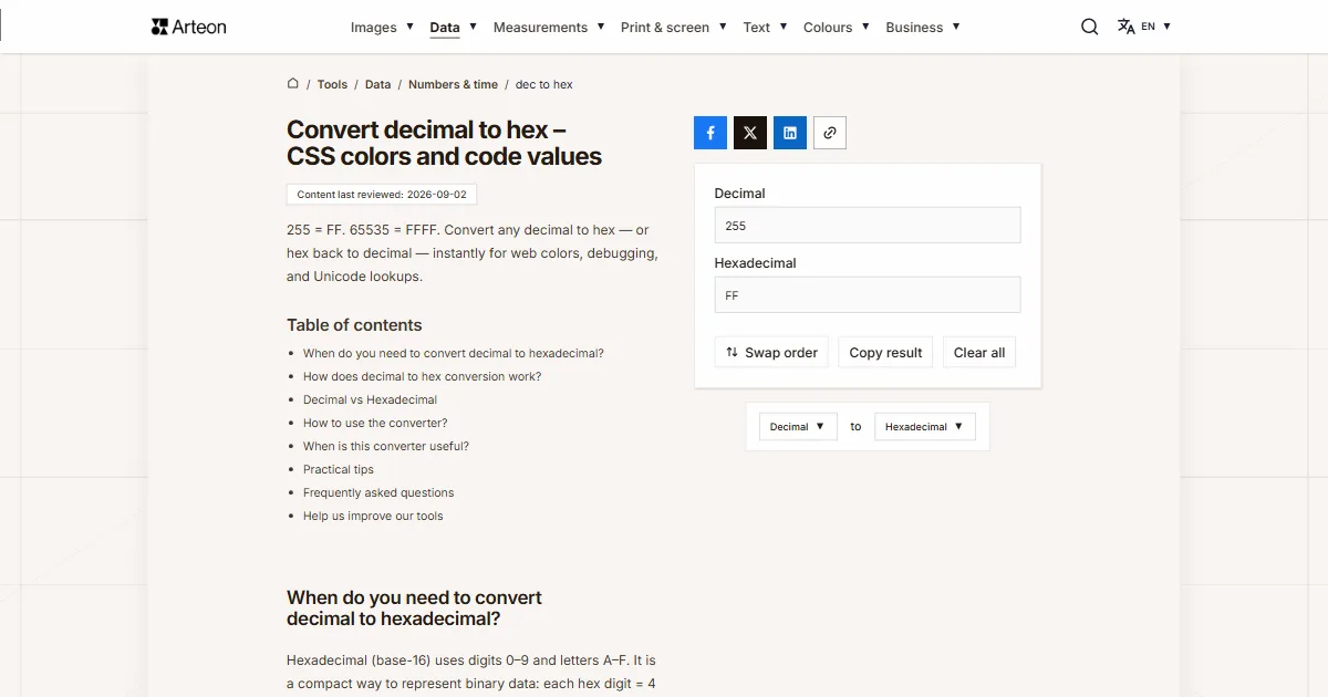 Arteon free tool screenshot: Convert decimal to hex – CSS colors and code values