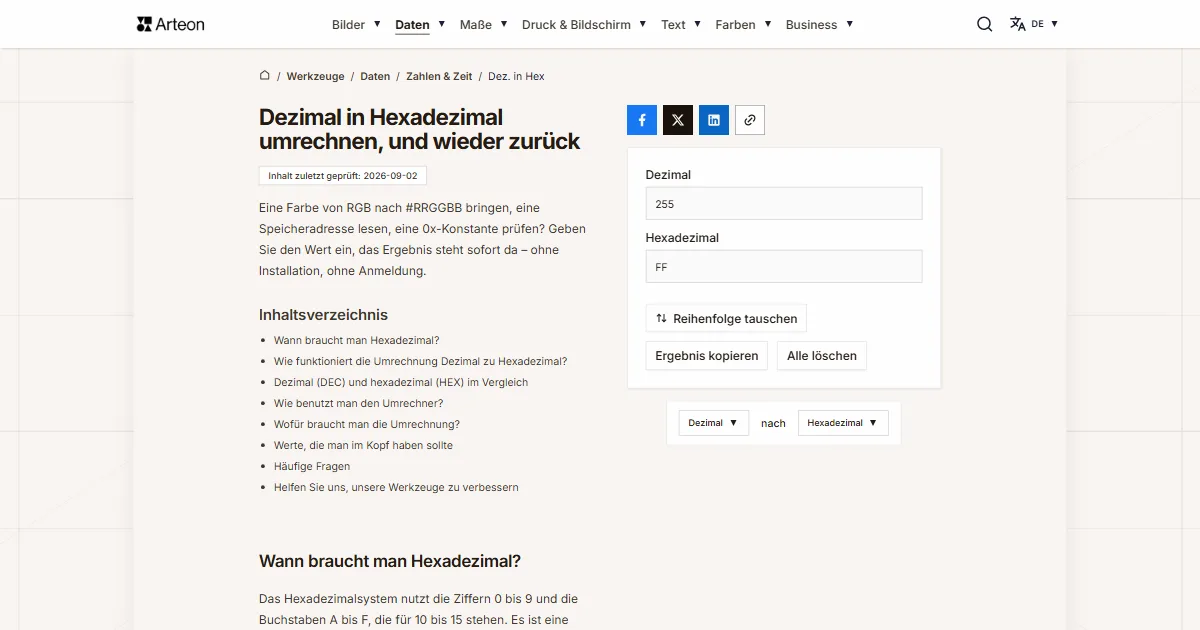 Screenshot des kostenlosen Arteon-Werkzeugs: DEC in HEX