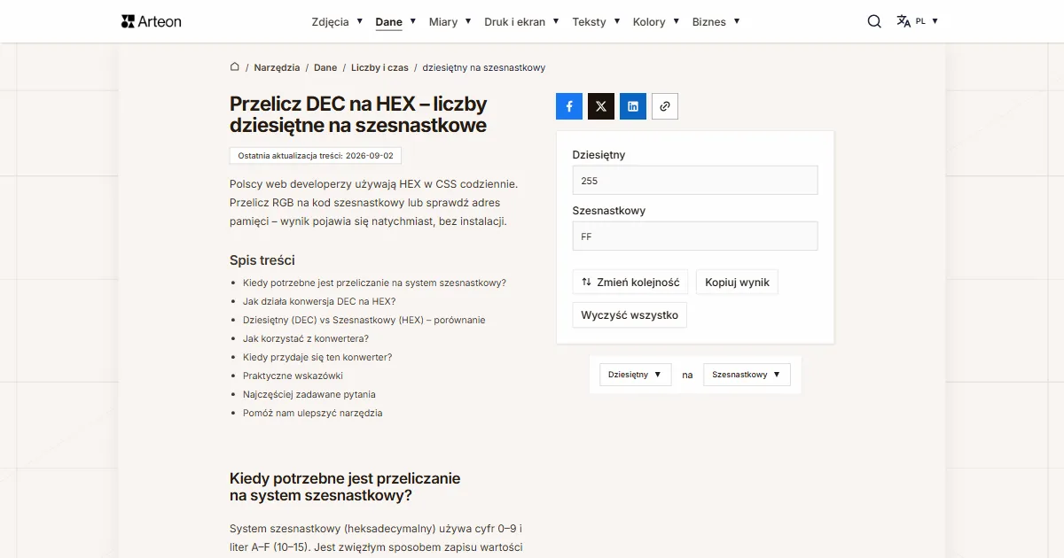 Zrzut ekranu darmowego narzędzia Arteon: DEC na HEX