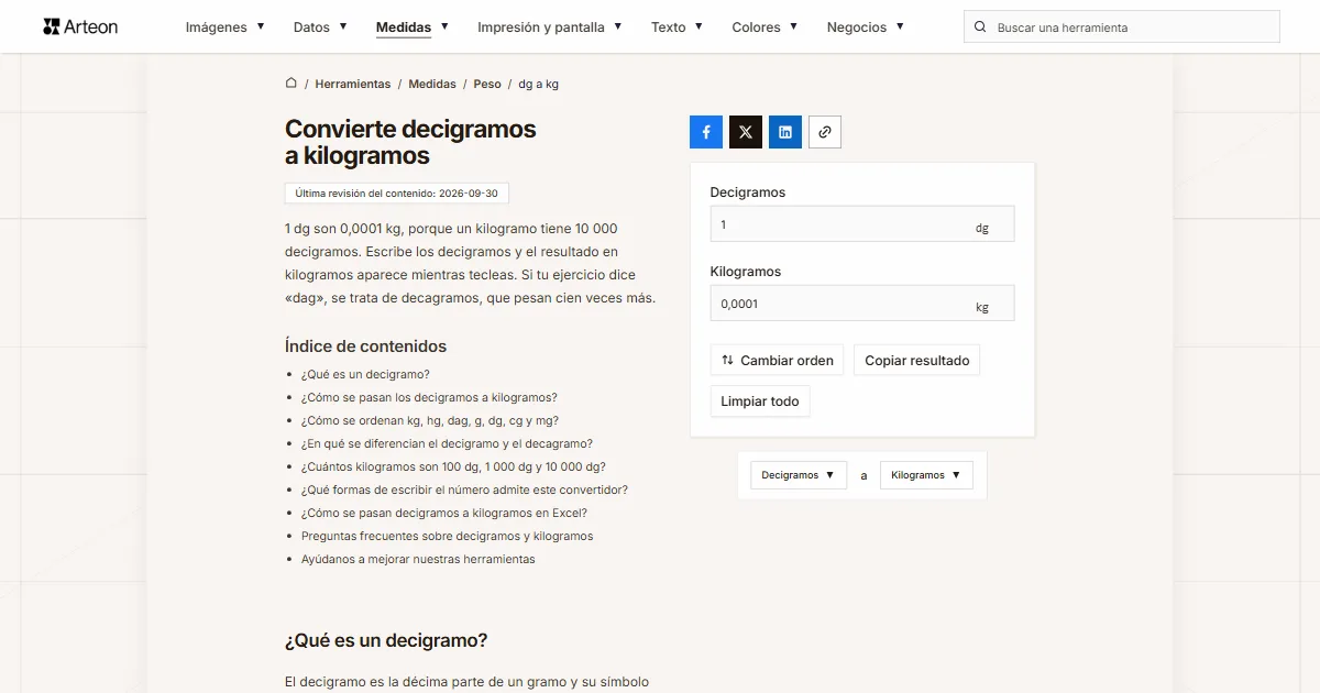 Captura de pantalla de la herramienta gratuita de Arteon: Convierte decigramos a kilogramos