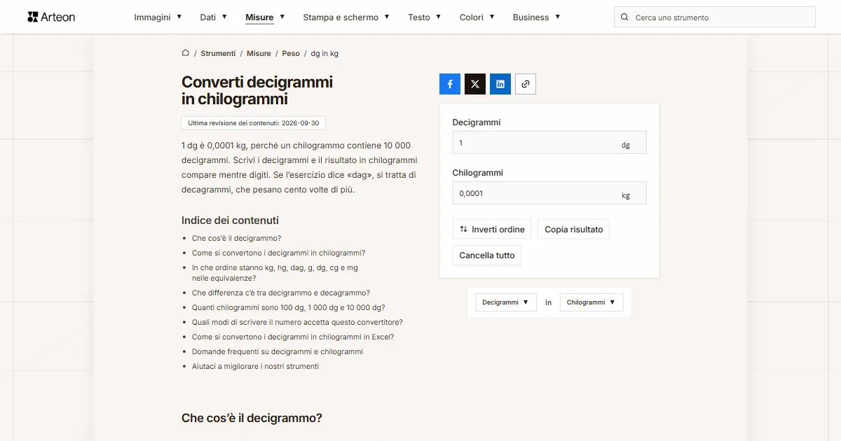 Screenshot dello strumento gratuito Arteon: Converti decigrammi in chilogrammi