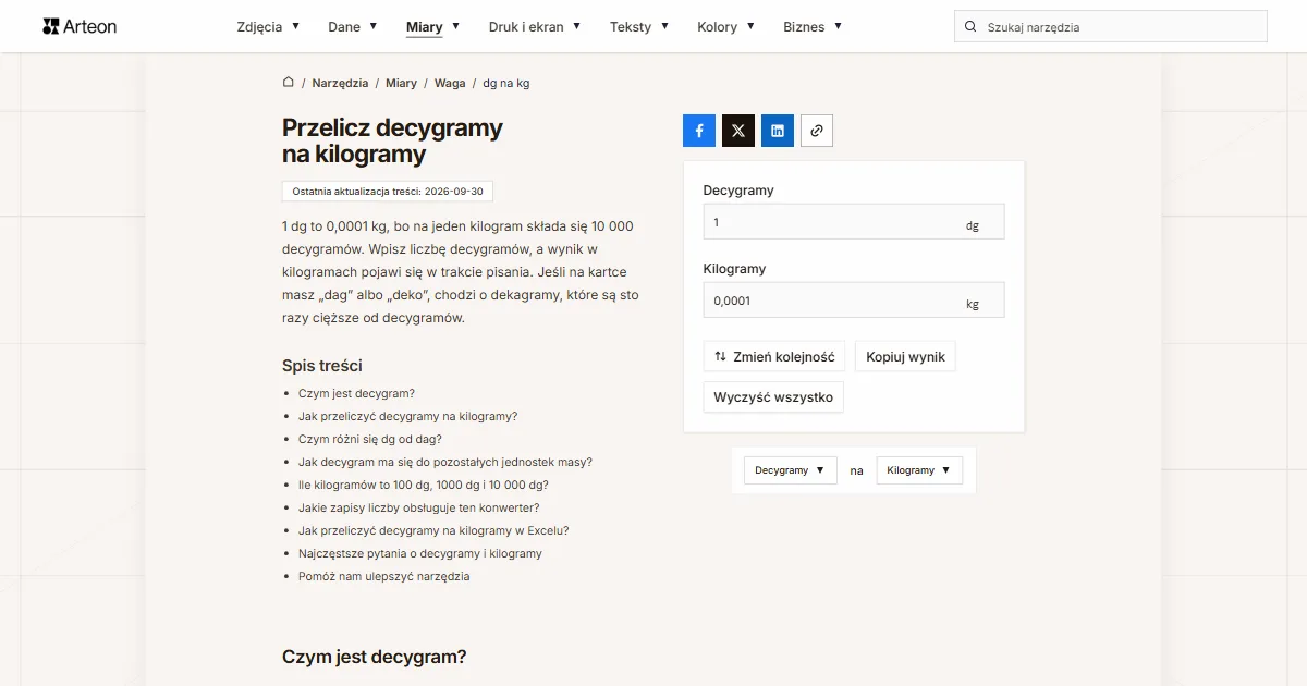 Zrzut ekranu darmowego narzędzia Arteon: Przelicz decygramy na kilogramy