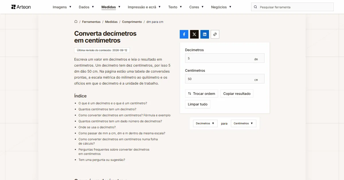 Captura de ecrã da ferramenta gratuita da Arteon: Converta decímetros em centímetros