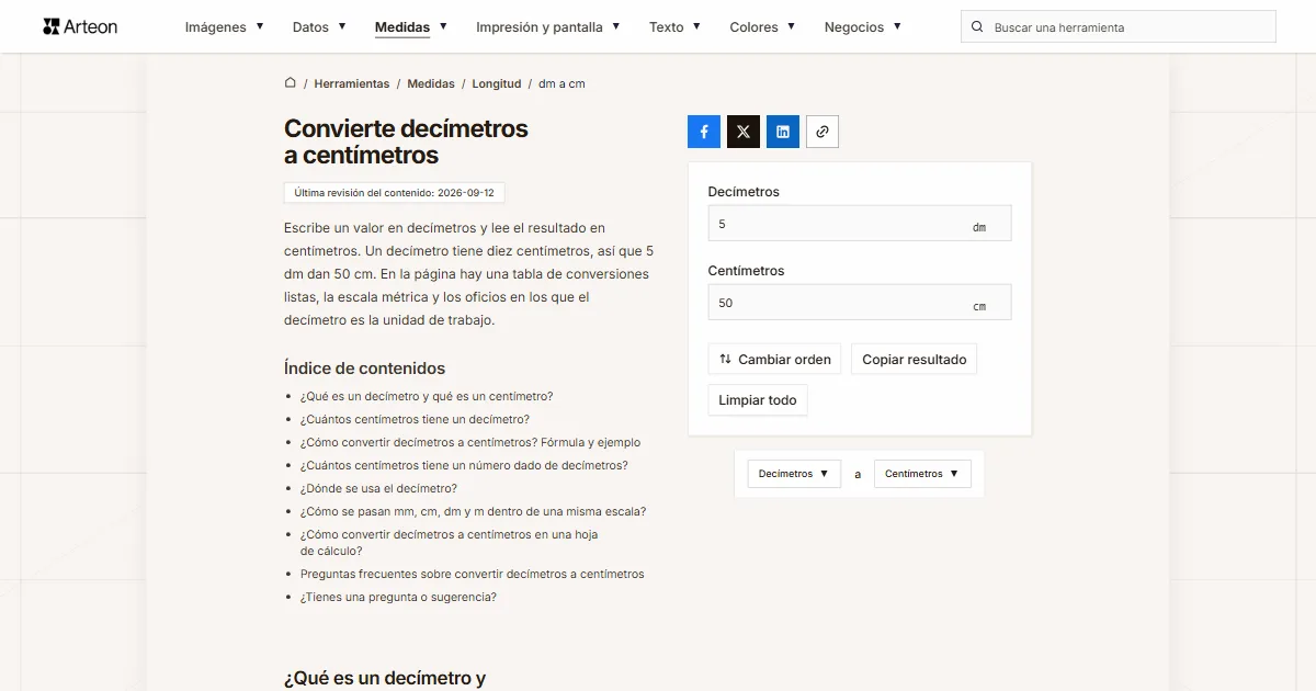 Captura de pantalla de la herramienta gratuita de Arteon: Convierte decímetros a centímetros