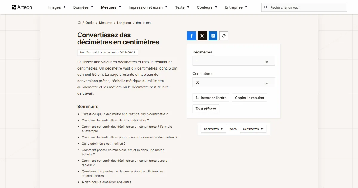 Capture d'écran de l'outil gratuit d'Arteon: Convertissez des décimètres en centimètres