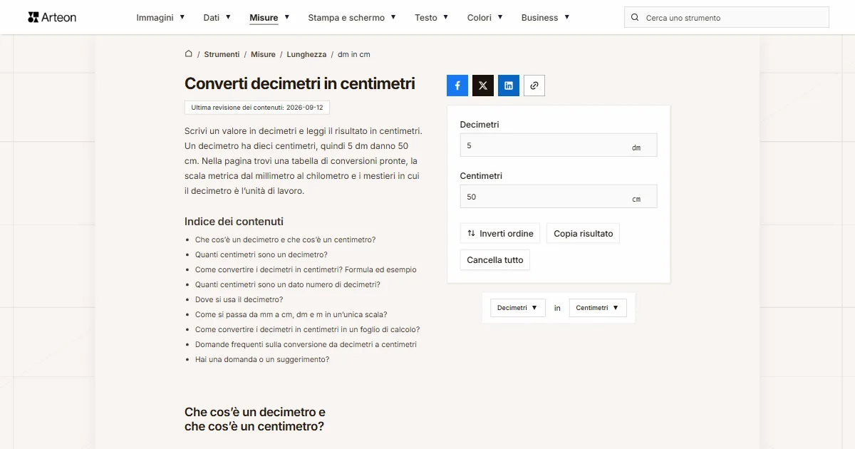 Screenshot dello strumento gratuito Arteon: Converti decimetri in centimetri