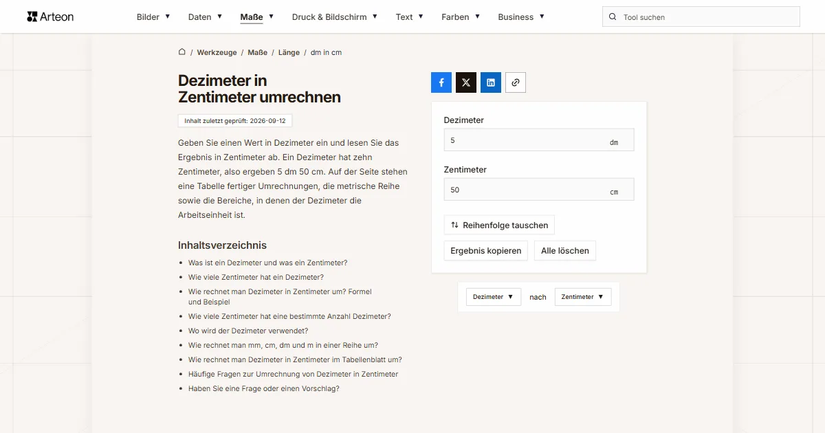 Screenshot des kostenlosen Arteon-Werkzeugs: Dezimeter in Zentimeter umrechnen
