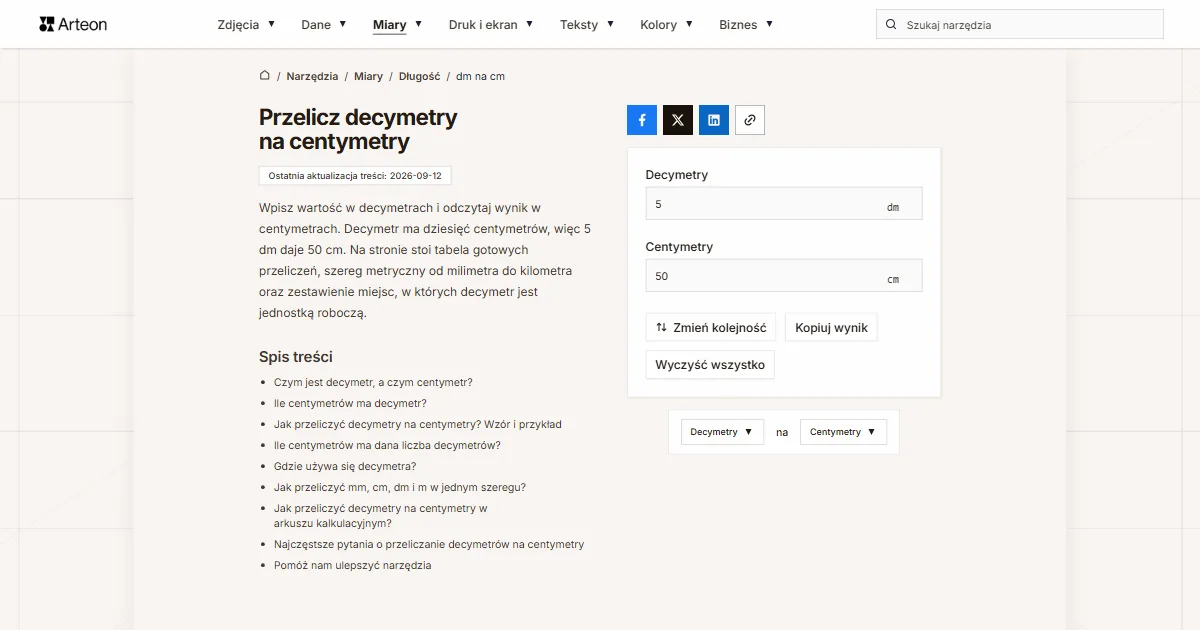 Zrzut ekranu darmowego narzędzia Arteon: Przelicz decymetry na centymetry