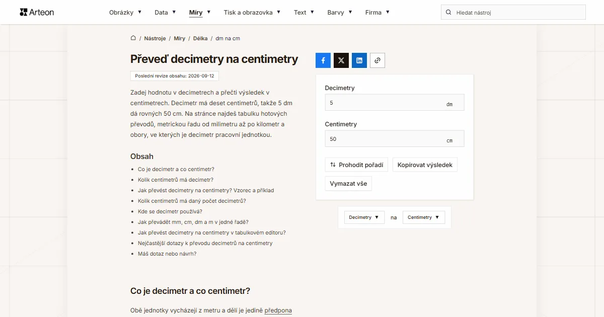 Snímek obrazovky bezplatného nástroje Arteon: Převeď decimetry na centimetry